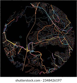 Map of CiudadLopezMateos, México with all major and minor roads, railways and waterways. Colorful line art on black background.