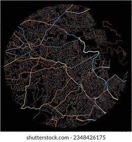 Map of CiudadNicolasRomero, México with all major and minor roads, railways and waterways. Colorful line art on black background.