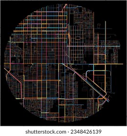 Map of CiudadObregon, Sonora with all major and minor roads, railways and waterways. Colorful line art on black background.