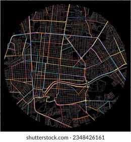 Map of CiudadVictoria, Tamaulipas with all major and minor roads, railways and waterways. Colorful line art on black background.