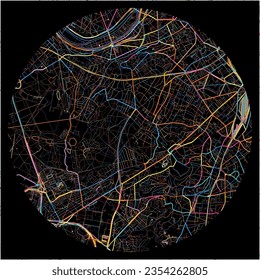 Map of Clamart, Hauts-de-Seine with all major and minor roads, railways and waterways. Colorful line art on black background.