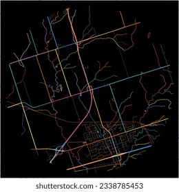 Map of Clarington, Ontario with all major and minor roads, railways and waterways. Colorful line art on black background.