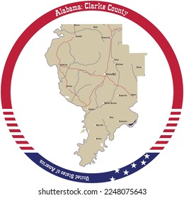 Map of Clarke county in Alabama, USA arranged in a circle.
