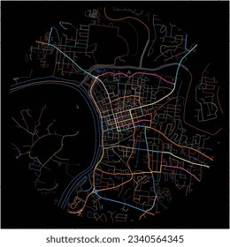 Map of Clarksville, Tennessee with all major and minor roads, railways and waterways. Colorful line art on black background.