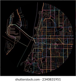 Map of Clearwater, Florida with all major and minor roads, railways and waterways. Colorful line art on black background.