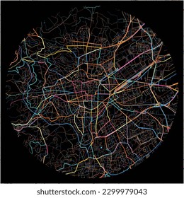 Map of Clermont-Ferrand, Puy-de-Dôme with all major and minor roads, railways and waterways. Colorful line art on black background.