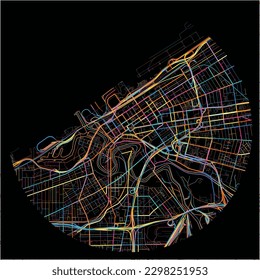 Mapa de Cleveland, Ohio con todas las carreteras principales y menores, ferrocarriles y vías fluviales. Coloridas líneas de arte sobre fondo negro.