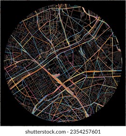 Map of Clichy, Hauts-de-Seine with all major and minor roads, railways and waterways. Colorful line art on black background.