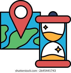 A map and a clock are drawn together. The map is blue and green and has a red pin on it. The clock is orange and white and has a red face. Concept of time and location