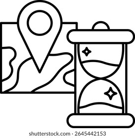 A map and a clock are drawn together. The map is blue and green and has a red pin on it. The clock is orange and white and has a red face. Concept of time and location