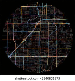 Map of Clovis, California with all major and minor roads, railways and waterways. Colorful line art on black background.