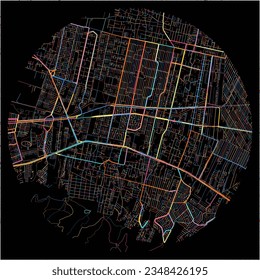 Map of CoacalcodeBerriozabal, México with all major and minor roads, railways and waterways. Colorful line art on black background.