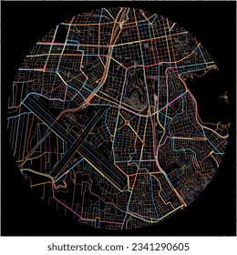 Map of Cochabamba with all major and minor roads, railways and waterways. Colorful line art on black background.