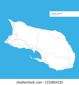 Map of Coche Island, Venezuela, contains geography outlines for land mass, water, major roads and minor roads.