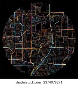 Map of CoconutCreek, Florida with all major and minor roads, railways and waterways. Colorful line art on black background.
