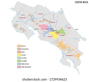 Map of the coffee growing regions of costa rica