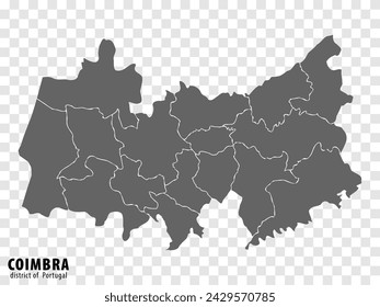 Map Coimbra District on transparent background. Coimbra District  map with  municipalities in gray for your web site design, logo, app, UI. Portugal. EPS10.