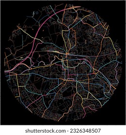 Map of Colchester, East of England with all major and minor roads, railways and waterways. Colorful line art on black background.