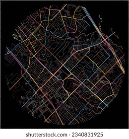 Map of CollegeStation, Texas with all major and minor roads, railways and waterways. Colorful line art on black background.