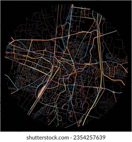 Map of Colmar, Haut-Rhin with all major and minor roads, railways and waterways. Colorful line art on black background.