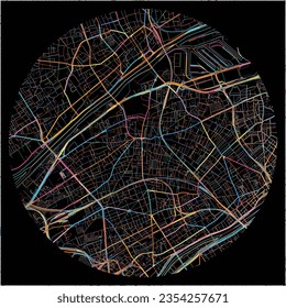 Map of Colombes, Hauts-de-Seine with all major and minor roads, railways and waterways. Colorful line art on black background.