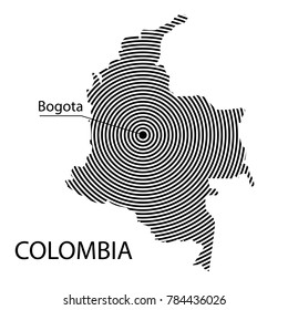 Map of Colombia. Abstract black and white striped map of the country with the design of the capital. Isolated on white background.