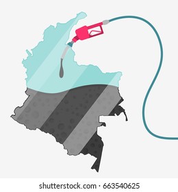 Map of Colombia being fueled by oil. Gas pump fueled map. On the map there is glass reflection. Conceptual. Oil producing or importing countries.