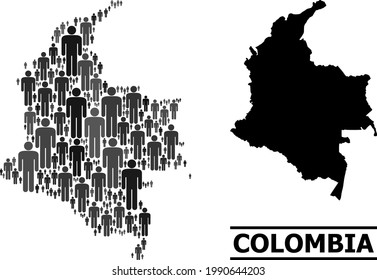 Mapa de Colombia para propaganda demográfica. abstracción demográfica vectorial. Mapa de composición de Colombia diseñado de objetos humanos. Concepto demográfico en tonos grises oscuros.
