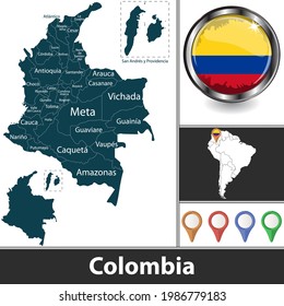 Map of Colombia with departments and location on South American map. Vector image