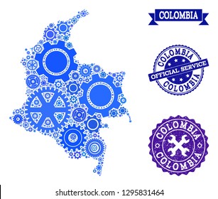 Map of Colombia designed with blue gear symbols, and isolated grunge seals for official repair services. Vector abstract mosaic of map of Colombia with repair symbols in blue color tints.