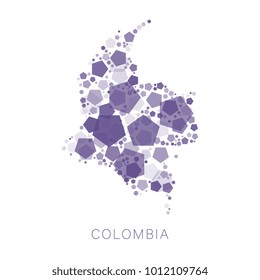 map of colombia filled with abstract mosaic of pentagons of random sizes and degrees of transparency on white background