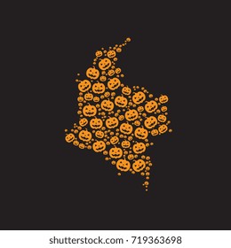 map of colombia filled with halloween pumpkin heads of different sizes on a black background