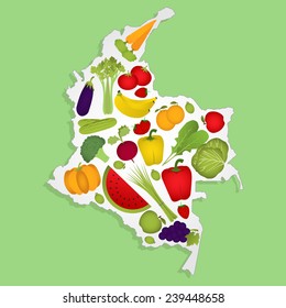 Map of Colombia full of fruits and vegetables (tomato , apple, orange , eggplant, cabbage, cucumber , broccoli, grapes, arugula, banana, peppers, celery, strawberries, watermelon, carrot). 