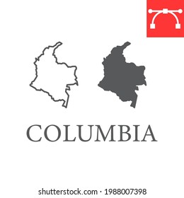 Mapa de la línea de Colombia e icono de glifo, país y viaje, icono del vector del mapa de Colombia, gráficos vectoriales, símbolo de contorno de trazo editable, eps 10