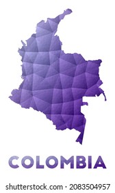 Mapa de Colombia. Baja ilustración policial del país. Diseño geométrico púrpura. Ilustración vectorial poligonal.