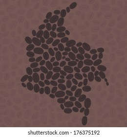 Map of  Colombia made out of coffee beans. Pale coffee-coloured background.