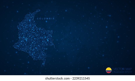 Map of Colombia modern design with polygonal shapes on dark blue background. Business wireframe mesh spheres from flying debris. Blue structure style vector illustration concept.