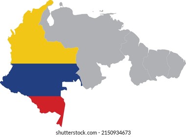 Map of Colombia with national flag within the gray map of the northern region of South America