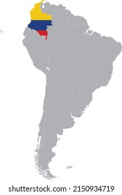 Map of Colombia with national flag within the gray map of South American continent