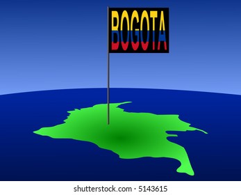 map of Colombia with position of Bogota marked by flag pole illustration