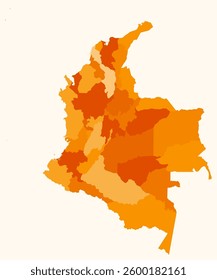 Map of Colombia with regions. Just a simple country border map with region division. Orange color palette. Plain Republic of Colombia shape with administrative division. Vector illustration.