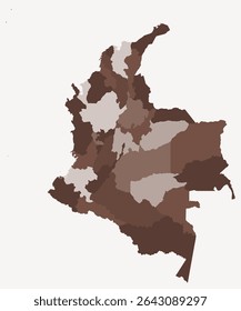 Mapa da Colômbia com regiões. Apenas um simples mapa de fronteira de país com divisão de região. Paleta de cores marrom. Forma simples da República da Colômbia com divisão administrativa. Ilustração vetorial.