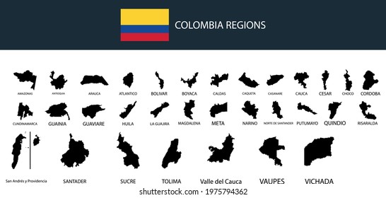 Map of Colombia regions set outline silhouette vector illustration
