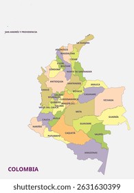 Mapa da Colômbia mostrando as divisões administrativas