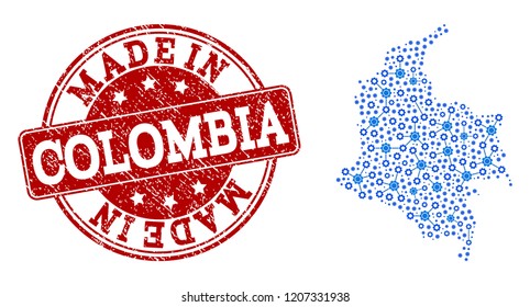 Map of Colombia vector mosaic and Made In grunge stamp. Map of Colombia created with blue wheel links. Made in red seal with corroded rubber texture.