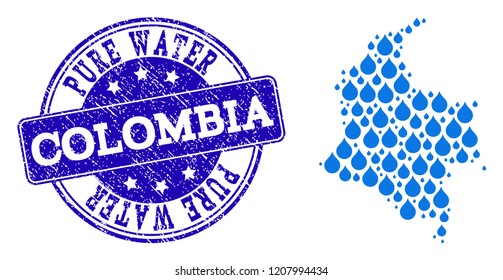 Map of Colombia vector mosaic and Pure Water grunge stamp. Map of Colombia composed with blue water drops. Seal with scratched rubber texture for clean drinking water.