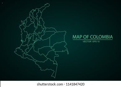Map of Colombia,Green map on dark background of map of Colombia symbol for your web site design map. Vector illustration eps 10.