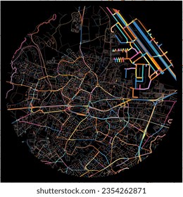 Map of Colomiers, Haute-Garonne with all major and minor roads, railways and waterways. Colorful line art on black background.