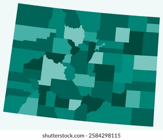 Map of Colorado with counties. Just a simple state border map with county division. Teal color palette. Blank State of Colorado shape with administrative division. Vector illustration.