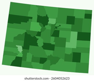Map of Colorado with counties. Just a simple state border map with county division. Green color palette. Plain State of Colorado shape with administrative division. Vector illustration.